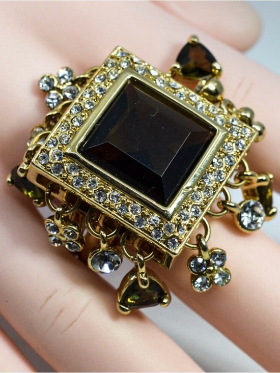 Jewelry - Gold Tone Statement Ring with Smoky Center Stone and Clear Crystals